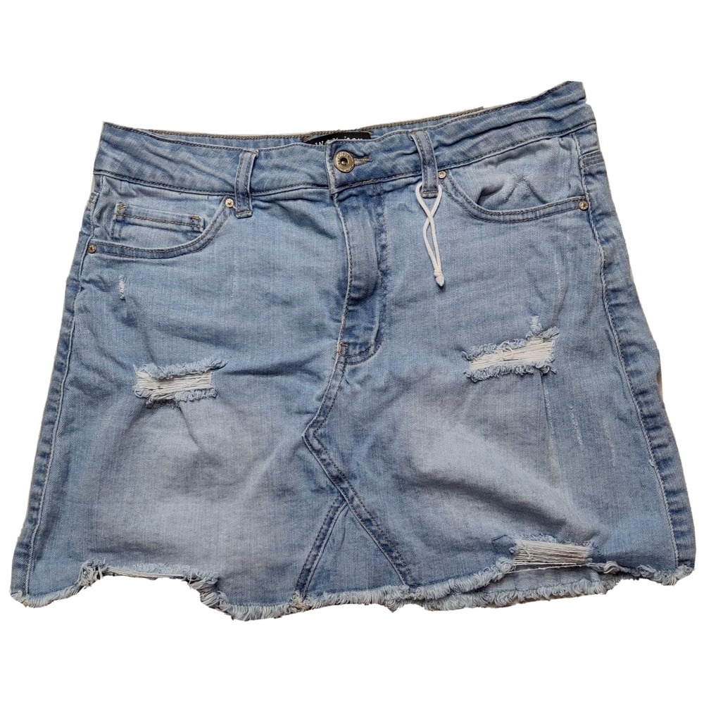 WAX‎ JEAN Women Medium Light Wash Distressed 13" Stretch Denim Jean Skirt